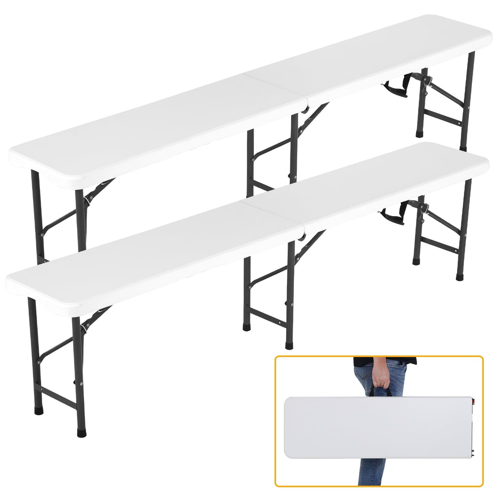 White Plastic Folding Bench with Steel Frame and Carrying Handle, 6 ft, Set of 2