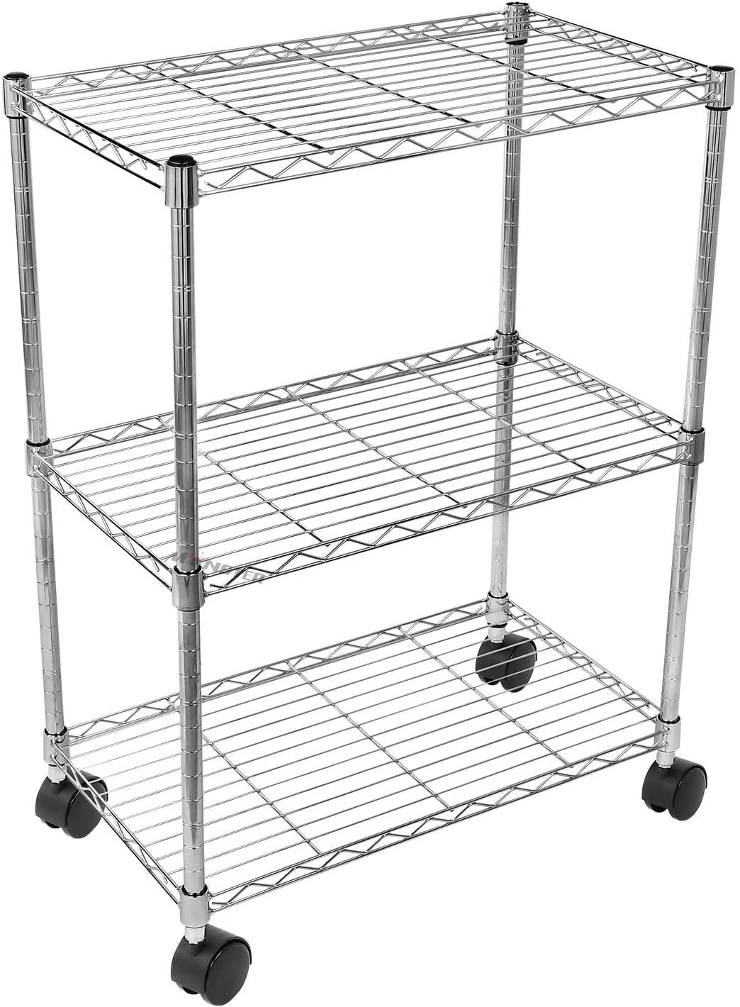 Chrome 3-Tier Adjustable Steel Shelving Unit with Wheels