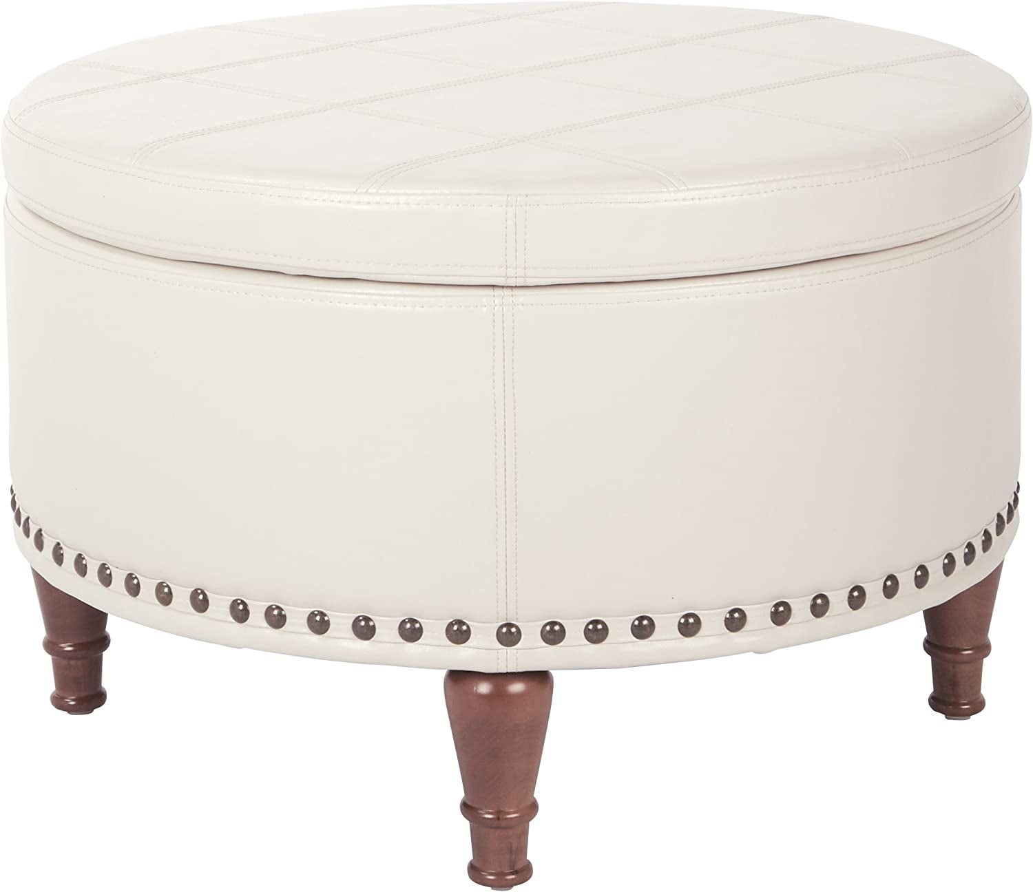 Alloway Cream Faux Leather Round Storage Ottoman with Antique Bronze Nailheads