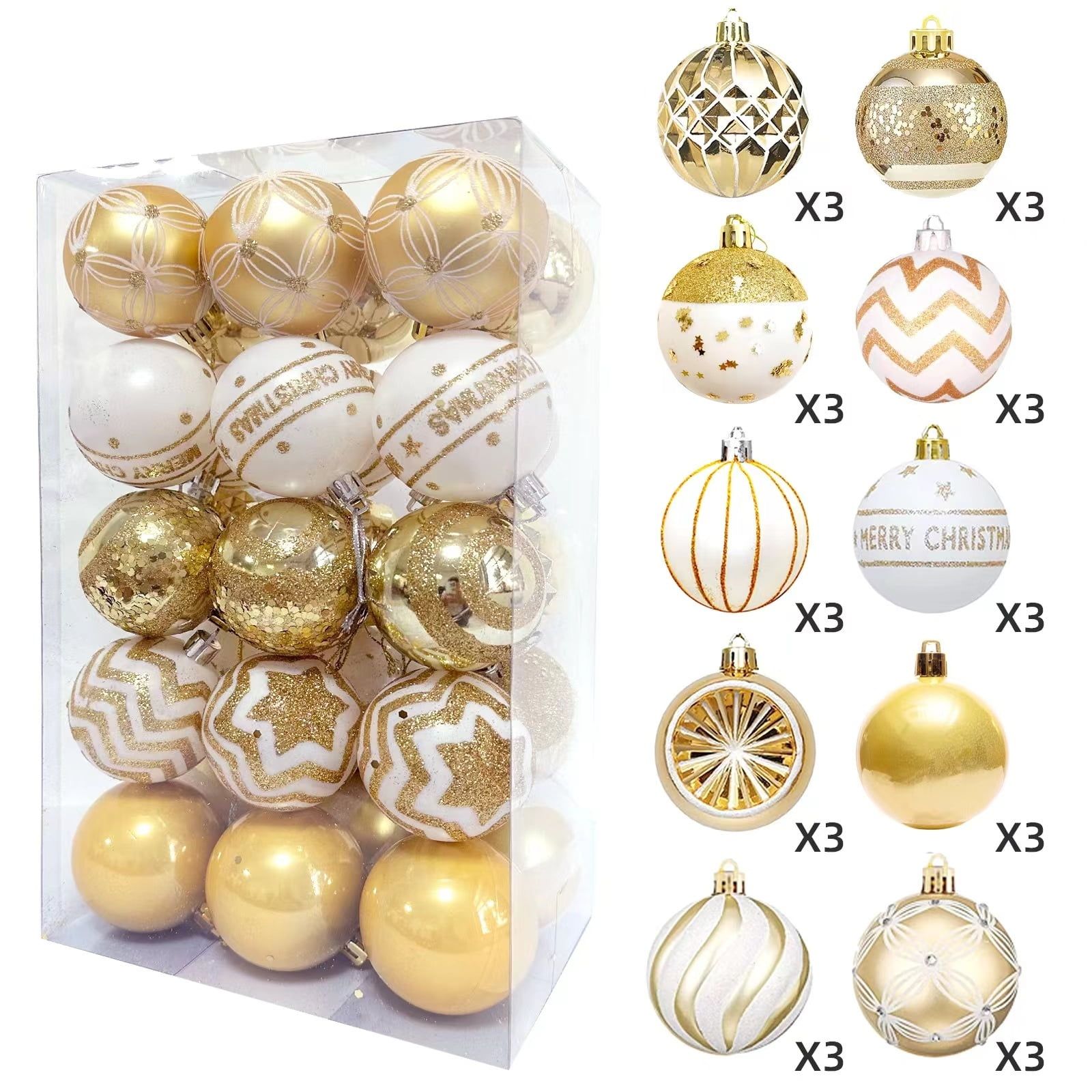 Elegant Gold and White Shatterproof Plastic Christmas Ornaments Set, 2.36 Inches, 30 Pieces