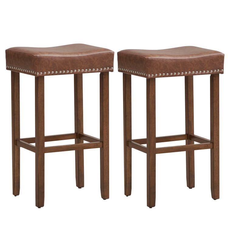 Brown Saddle Style Backless Wood Bar Stools with Footrests