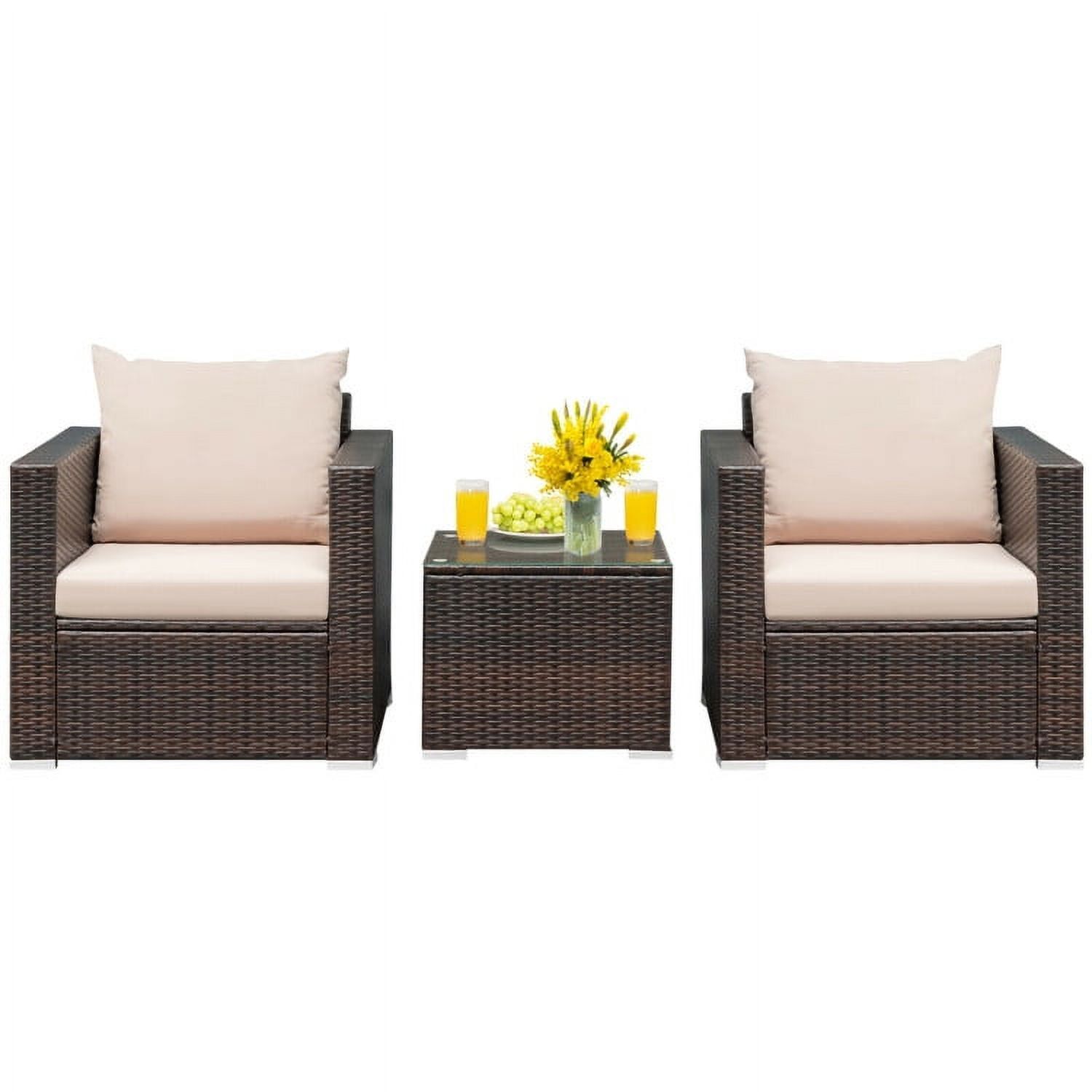 Beige 3-Piece Rattan Patio Conversation Set with Cushions