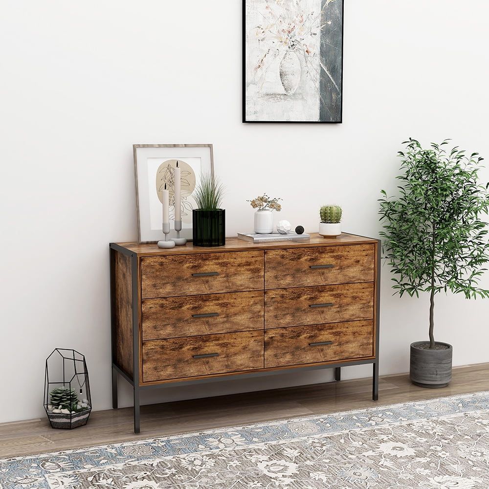 Rustic Brown Industrial Double Dresser with Black Metal Frame