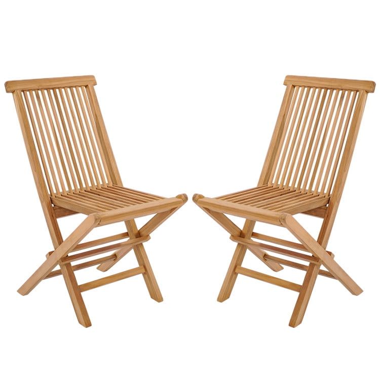 Teak High-Back Slatted Folding Outdoor Chairs, Set of 2