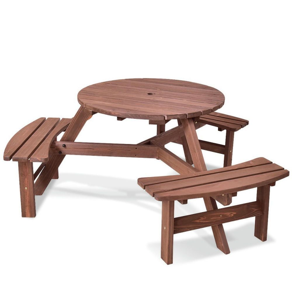 6-Person Dark Brown Fir Wood Picnic Table Set with Benches