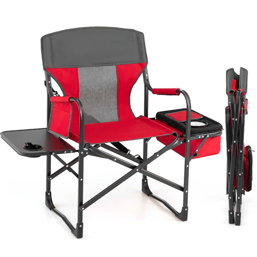 Red Folding Camping Chair with Cooler Bag and Side Table