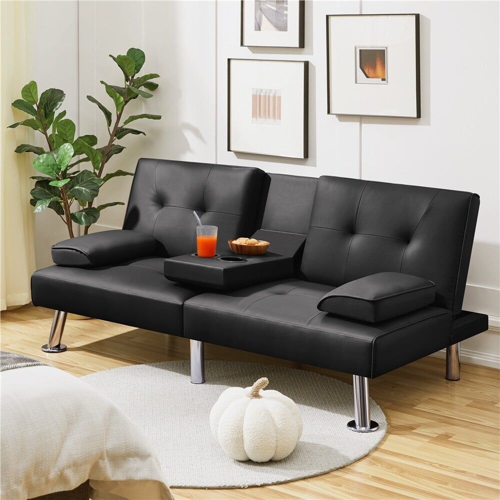 Black Faux Leather Convertible Sleeper Sofa with Cup Holders