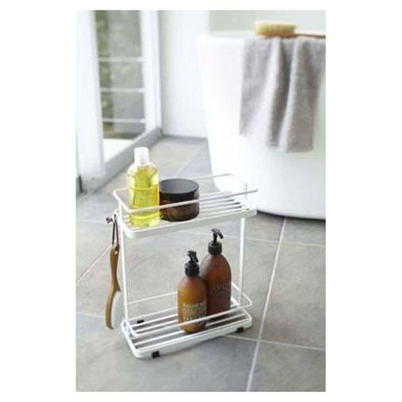 Freestanding White Metal Shower Caddy with Hooks