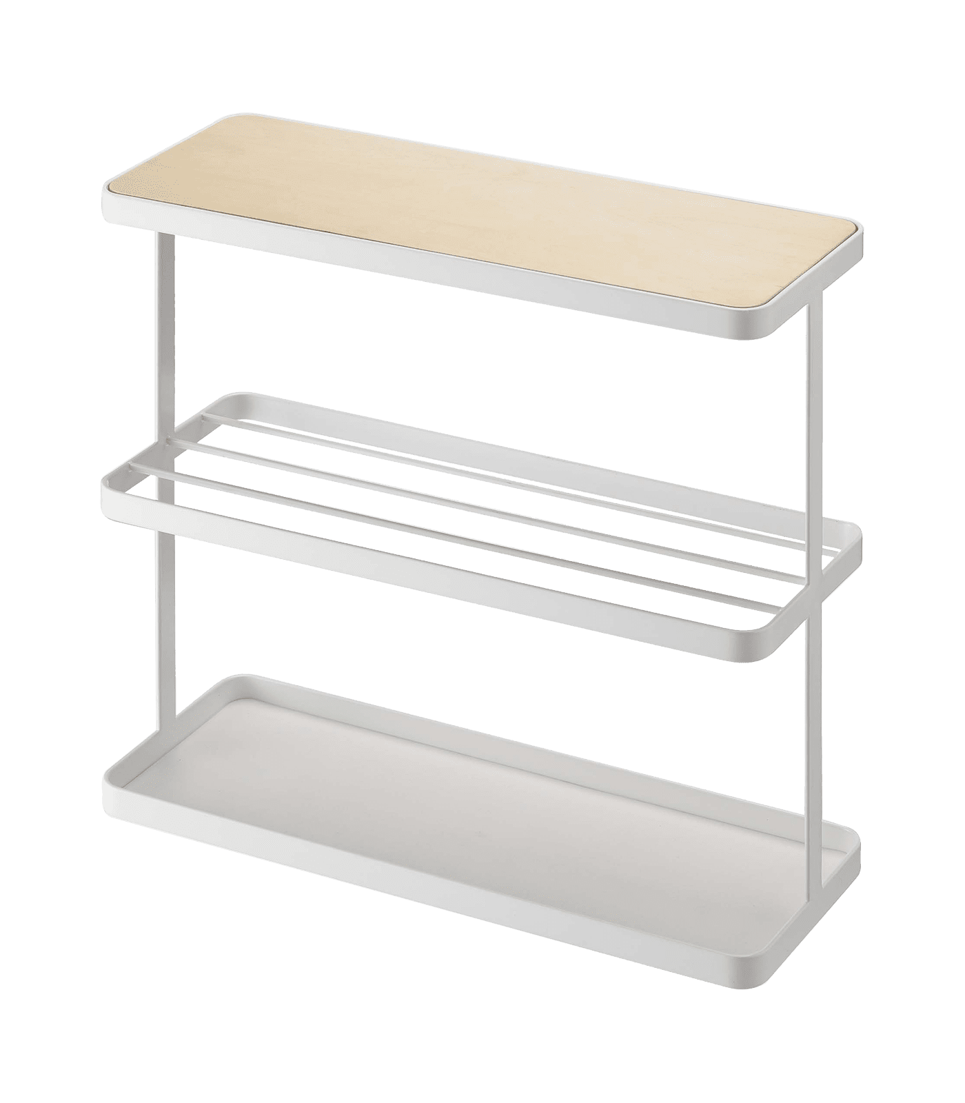 Slim White Metal and Wood Side Table with Storage Shelves