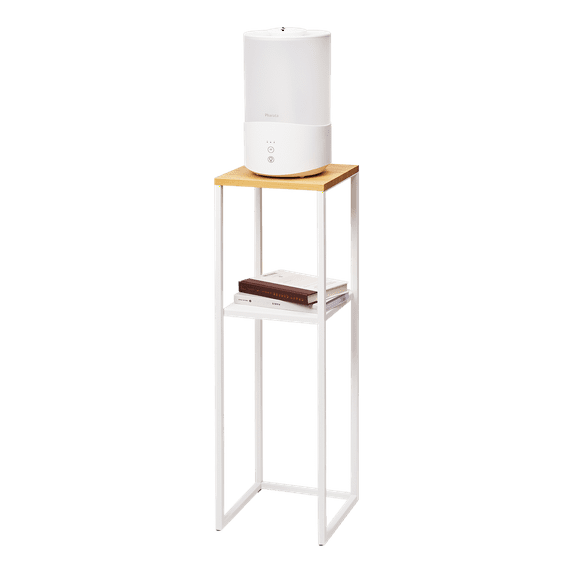 White Steel and Bamboo Two-Tier Display Shelf