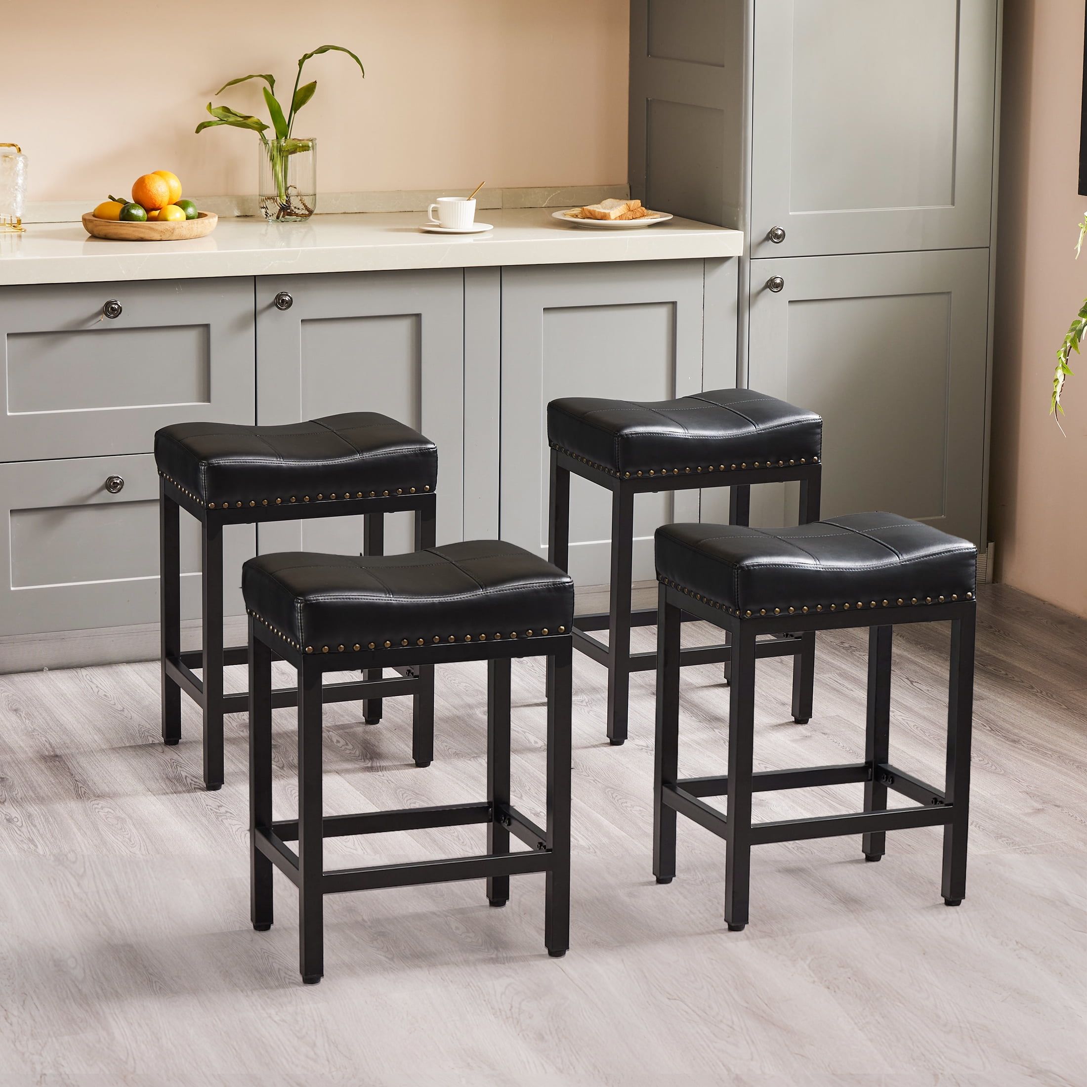 Black Metal Saddle-Style Backless Bar Stools with Leather Cushions, Set of 4