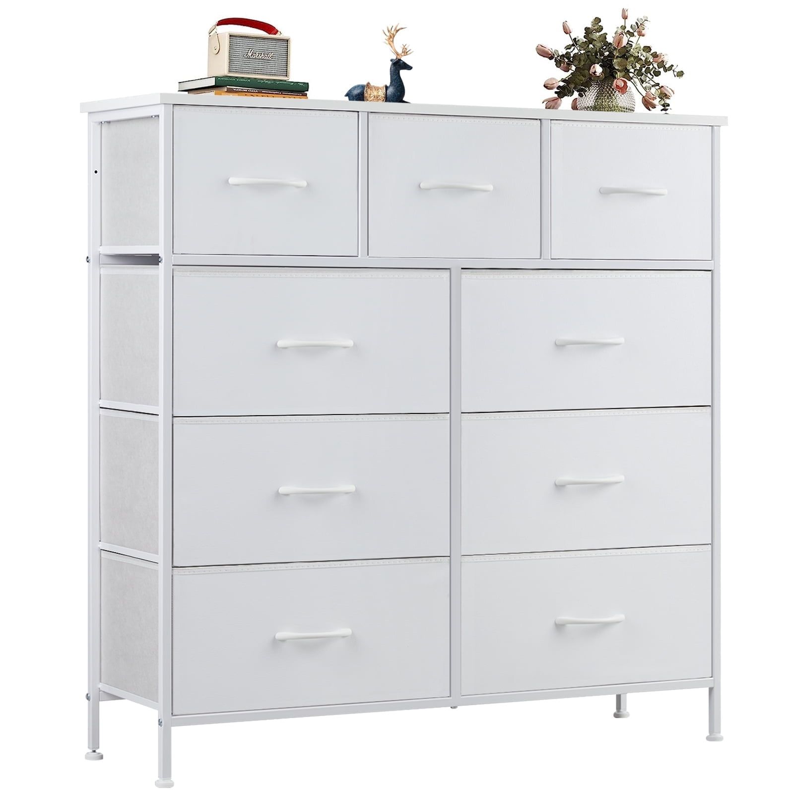 White Fabric Storage Dresser with 9 Drawers and Steel Frame