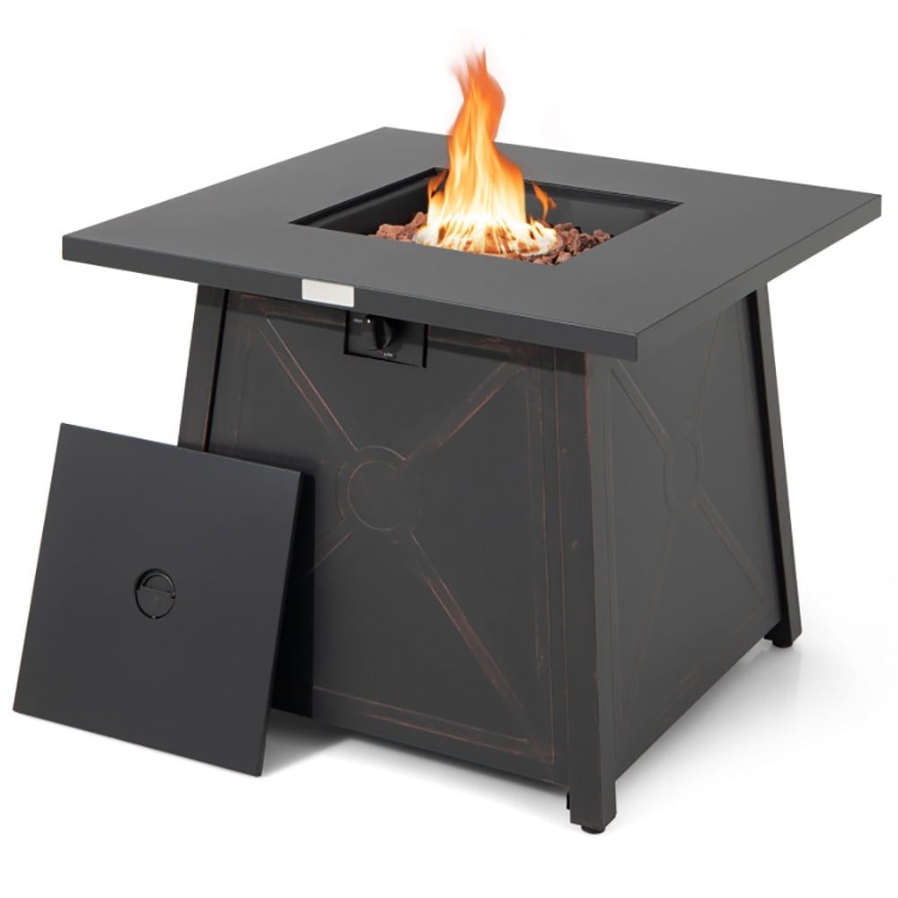 Black Steel 30-Inch Square Propane Fire Pit Table with Cover