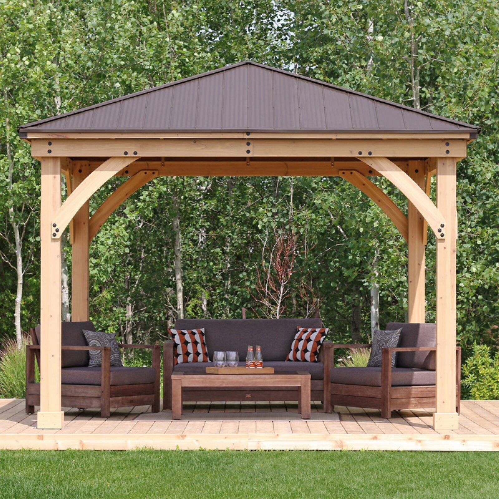 Meridian 12x12 Cedar Wood Gazebo with Mocha Aluminum Roof