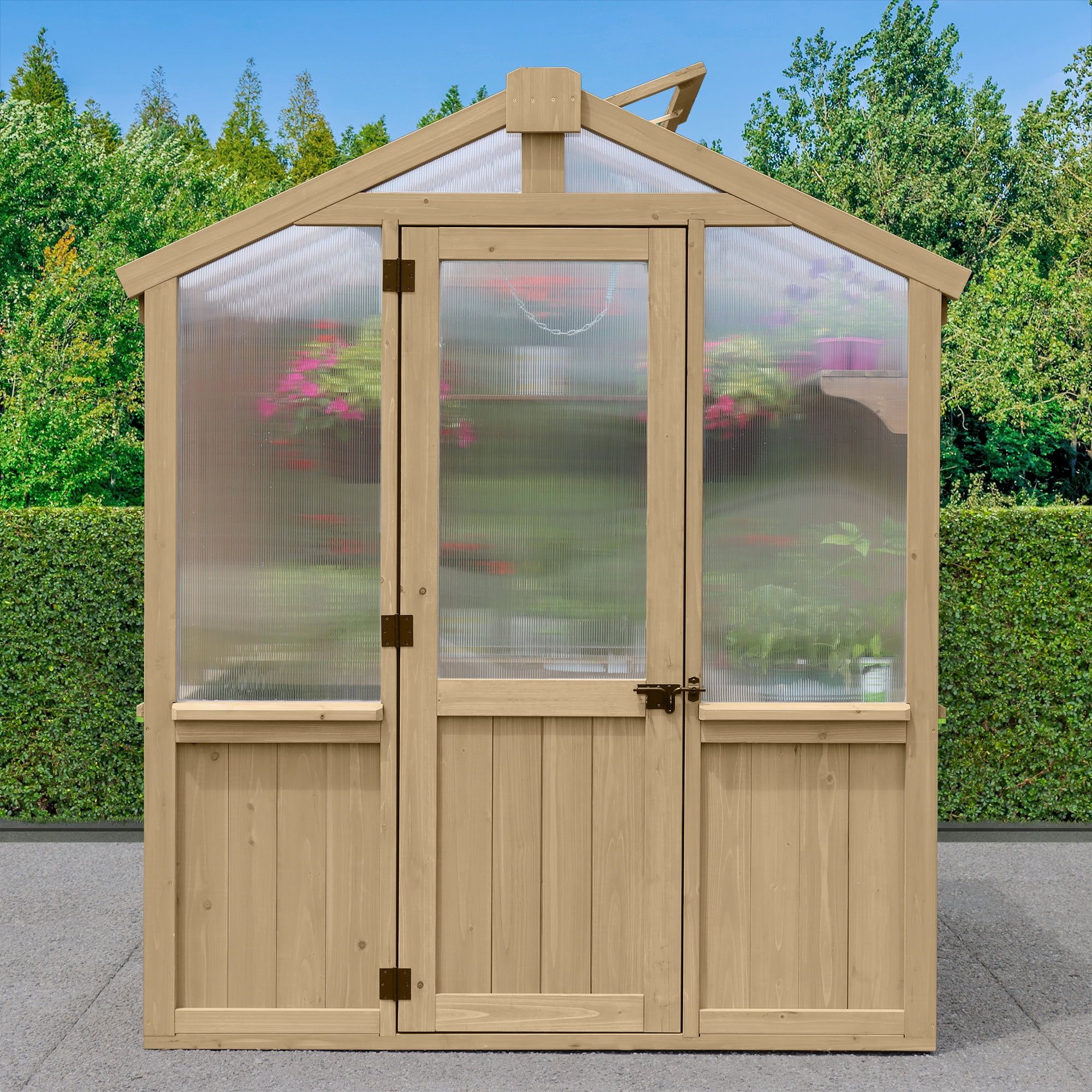 Meridian 6.7' x 7.8' Beige Cedar Walk-In Greenhouse