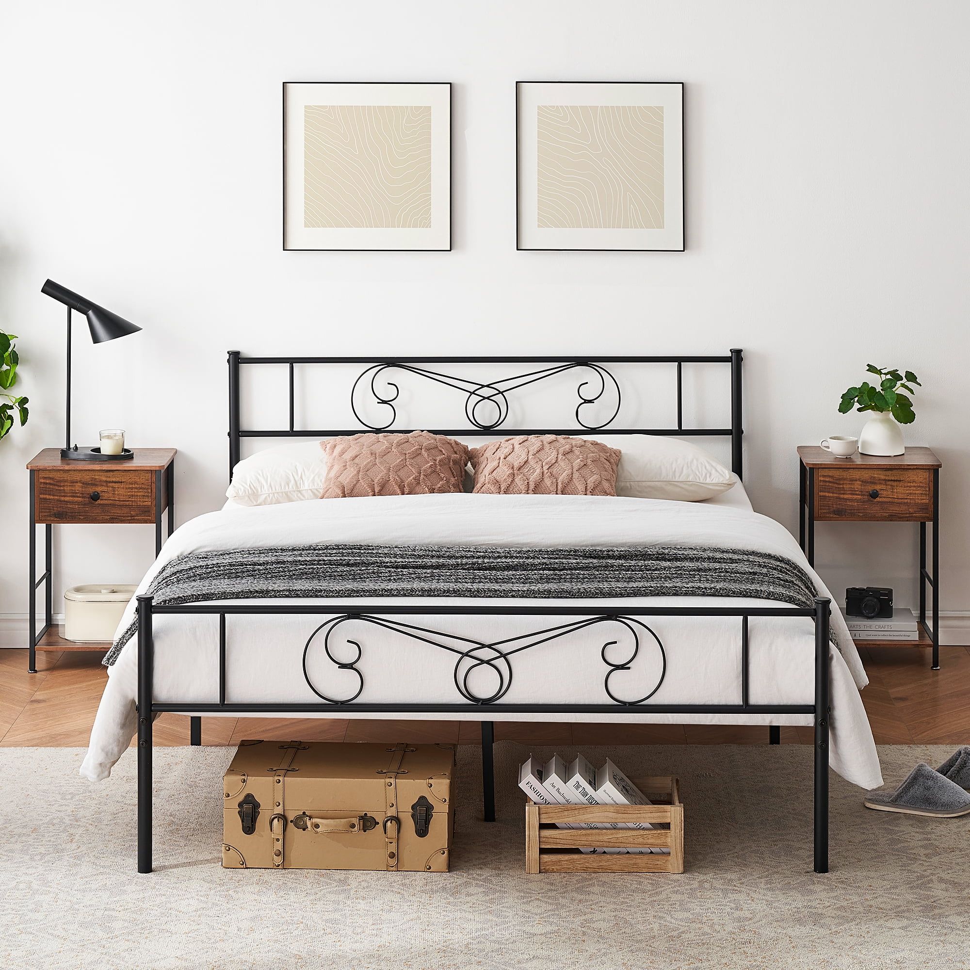 Black Metal Queen Bed Frame with Headboard and Storage