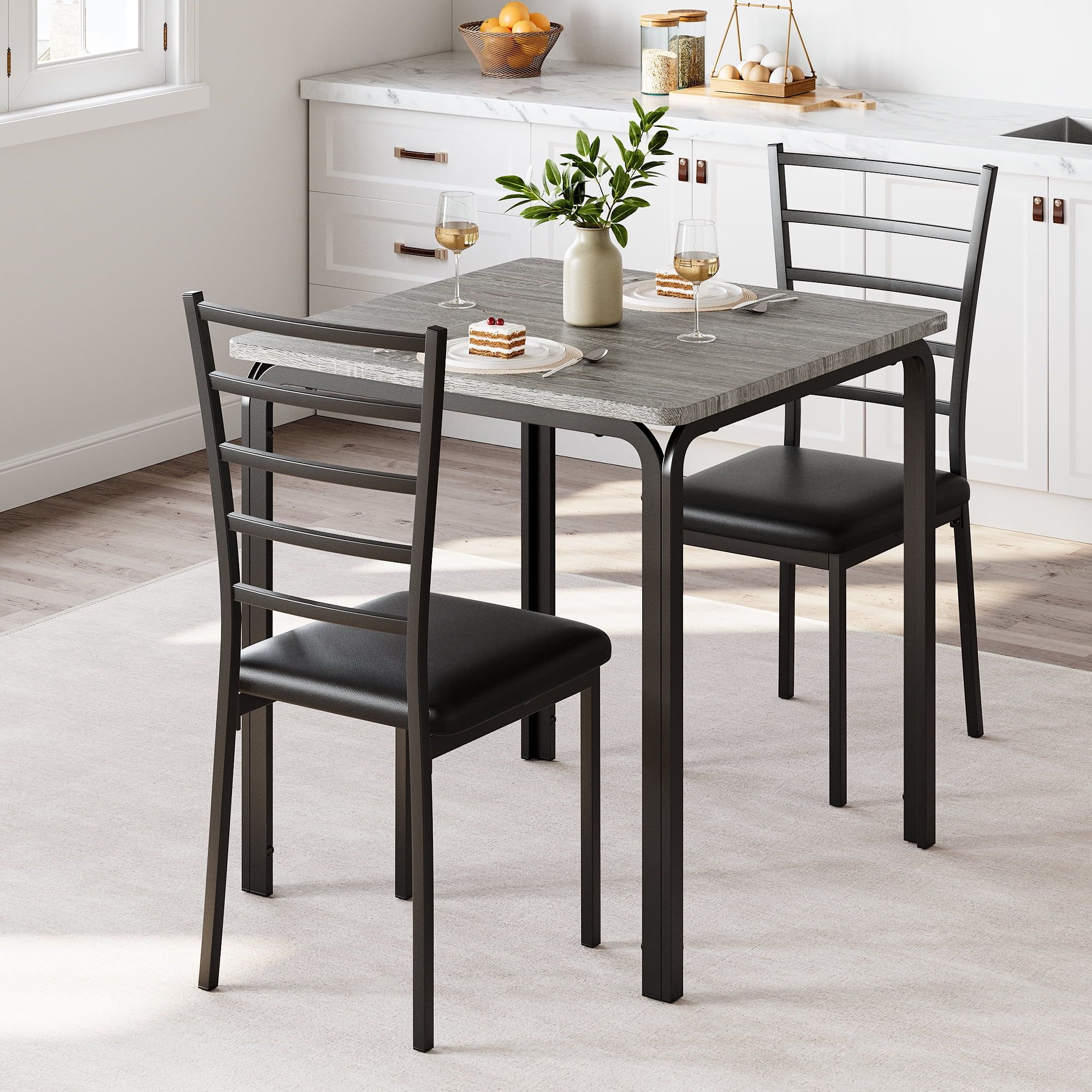 Gray MDF and Metal Small Dining Table Set with 2 Chairs