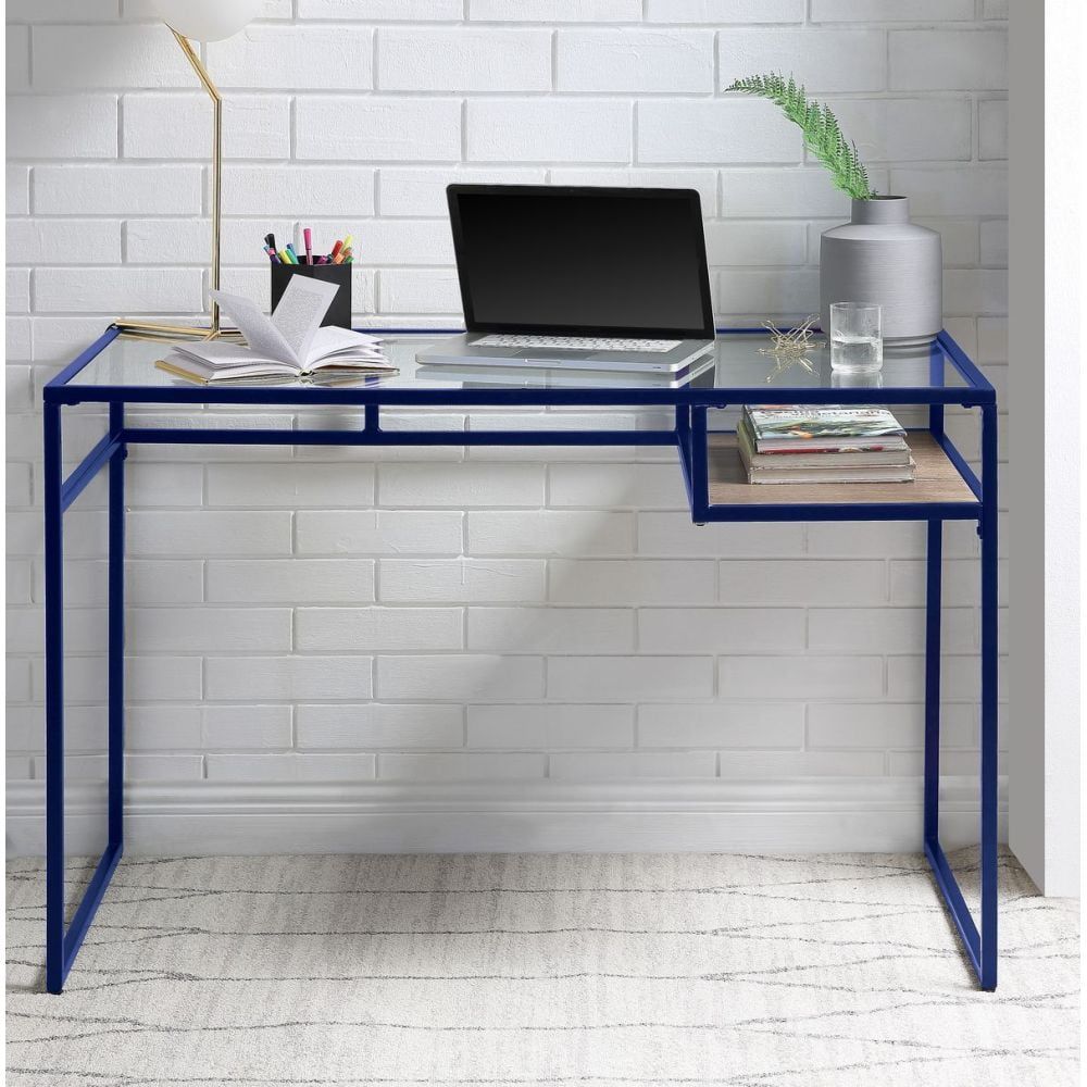 Blue and Glass Industrial Writing Desk with Metal Frame