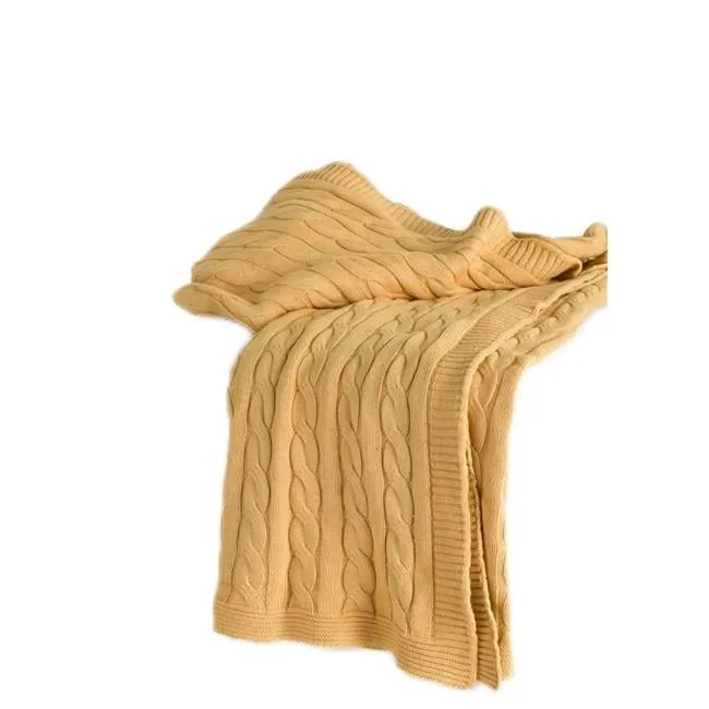 Medium Yellow Knitted Cotton Cable Throw Blanket