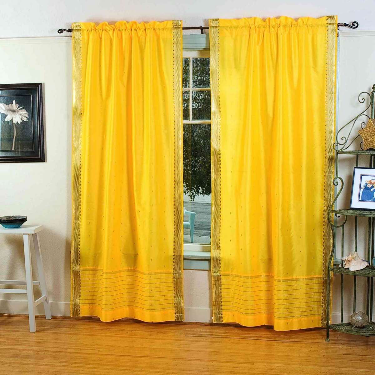 Yellow Sheer Rod Pocket Sari Curtains - 43W x 84L Pair