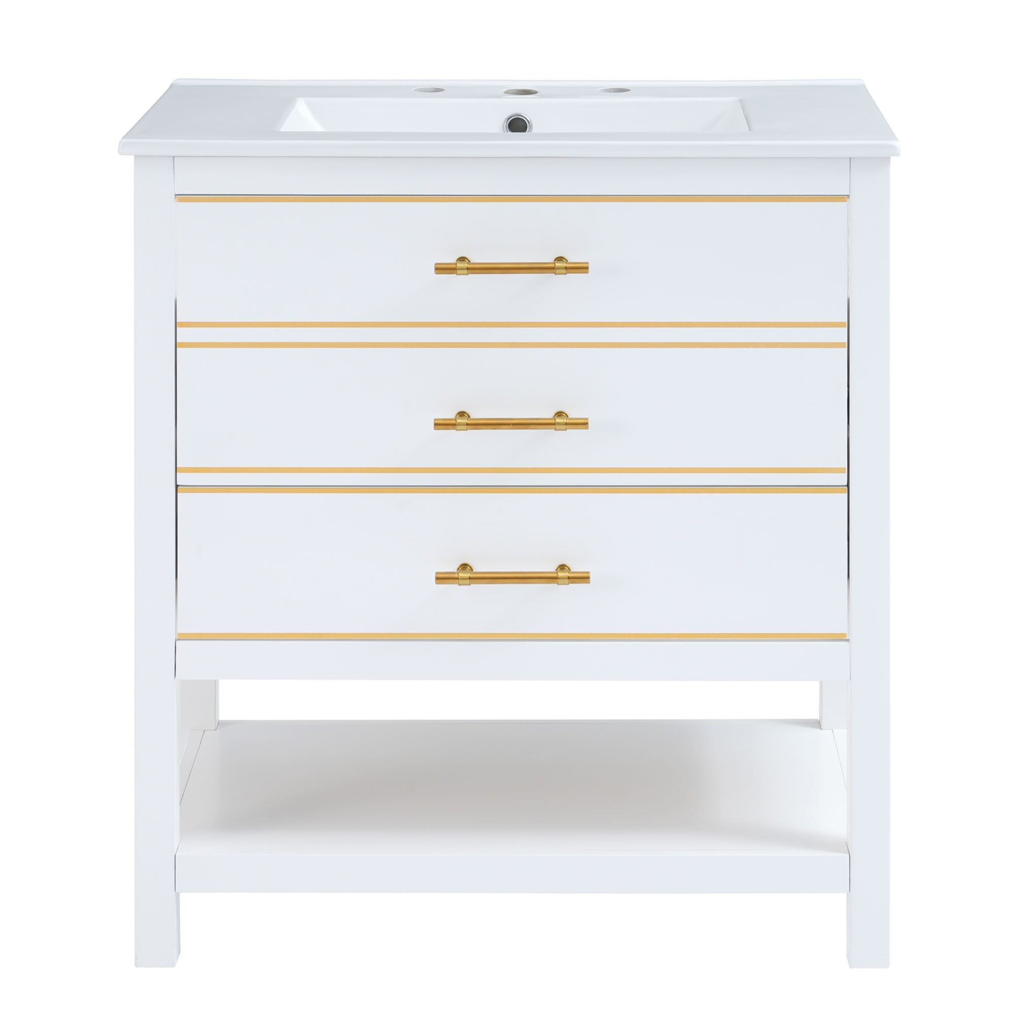 White and Gold Freestanding Single Sink Vanity with Ceramic Top