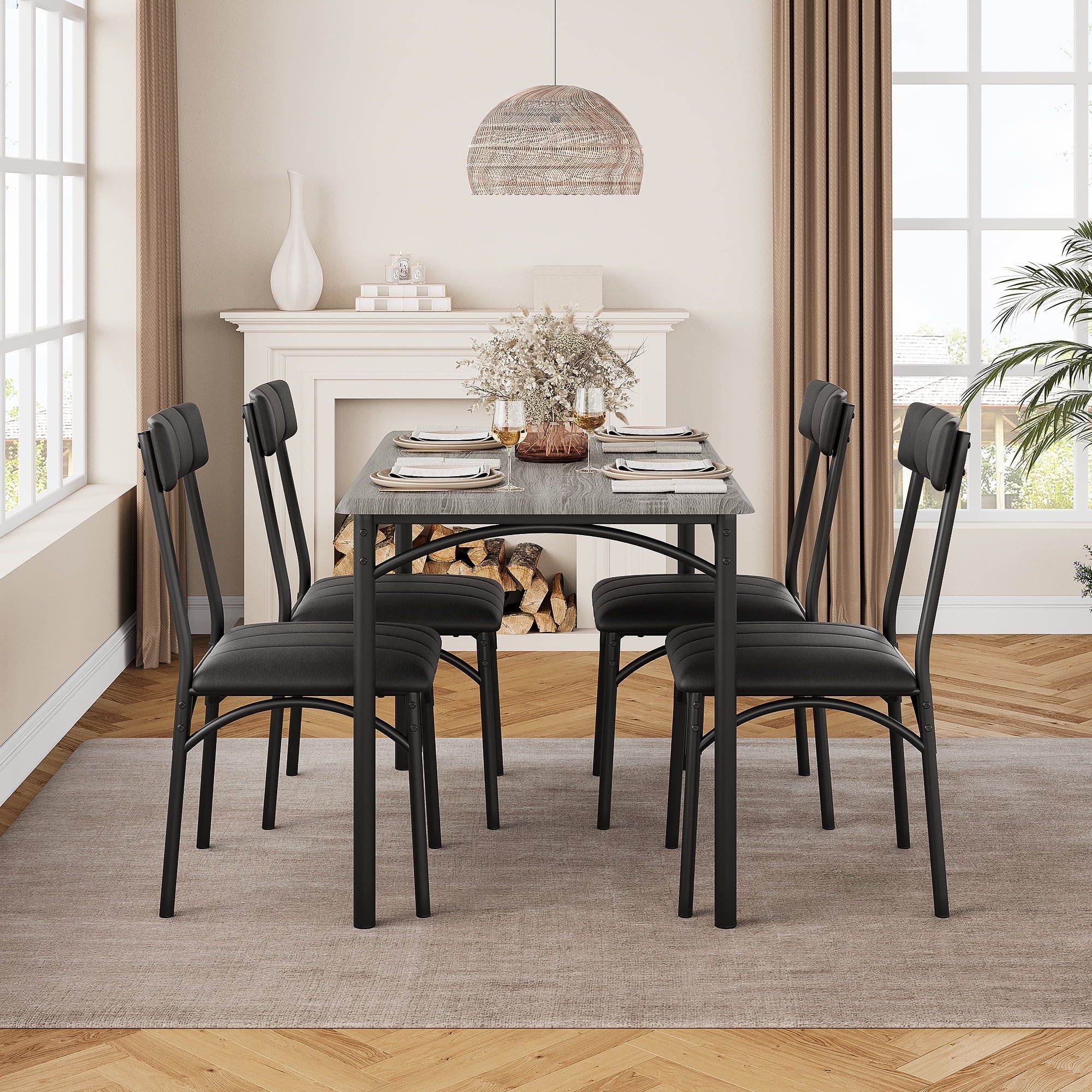 Rustic Gray Engineered Wood Dining Table Set with 4 Upholstered Chairs