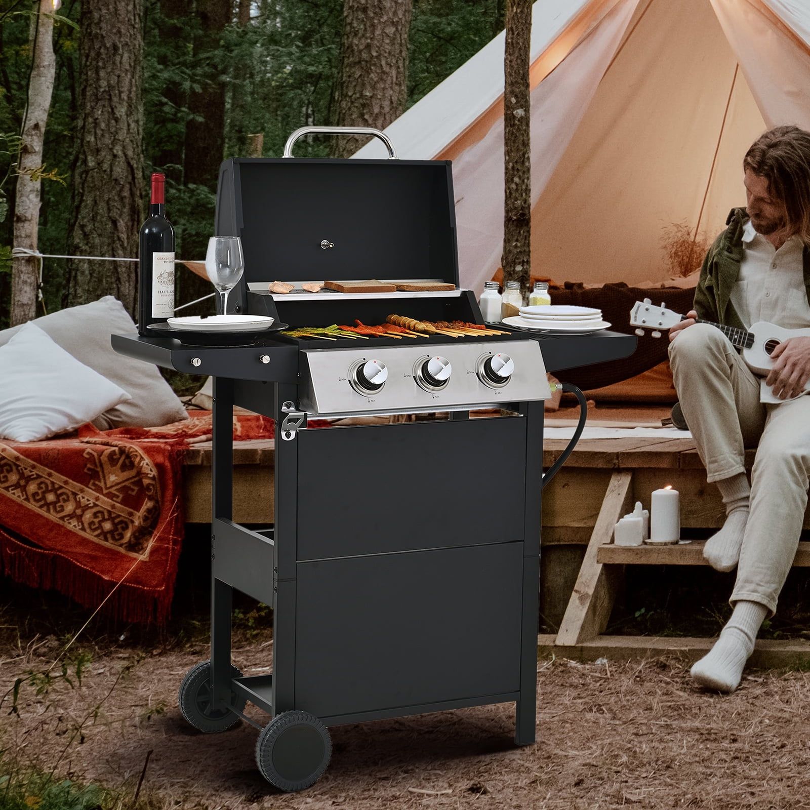 Black Stainless Steel 3-Burner Propane Gas Grill with Foldable Shelves