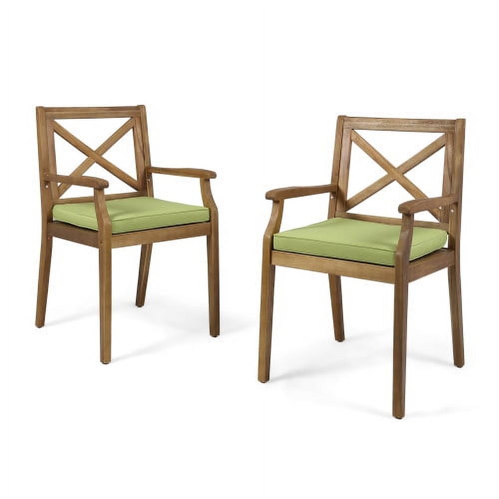 Teak and Acacia Dining Chairs with Green Cushions, Set of 2