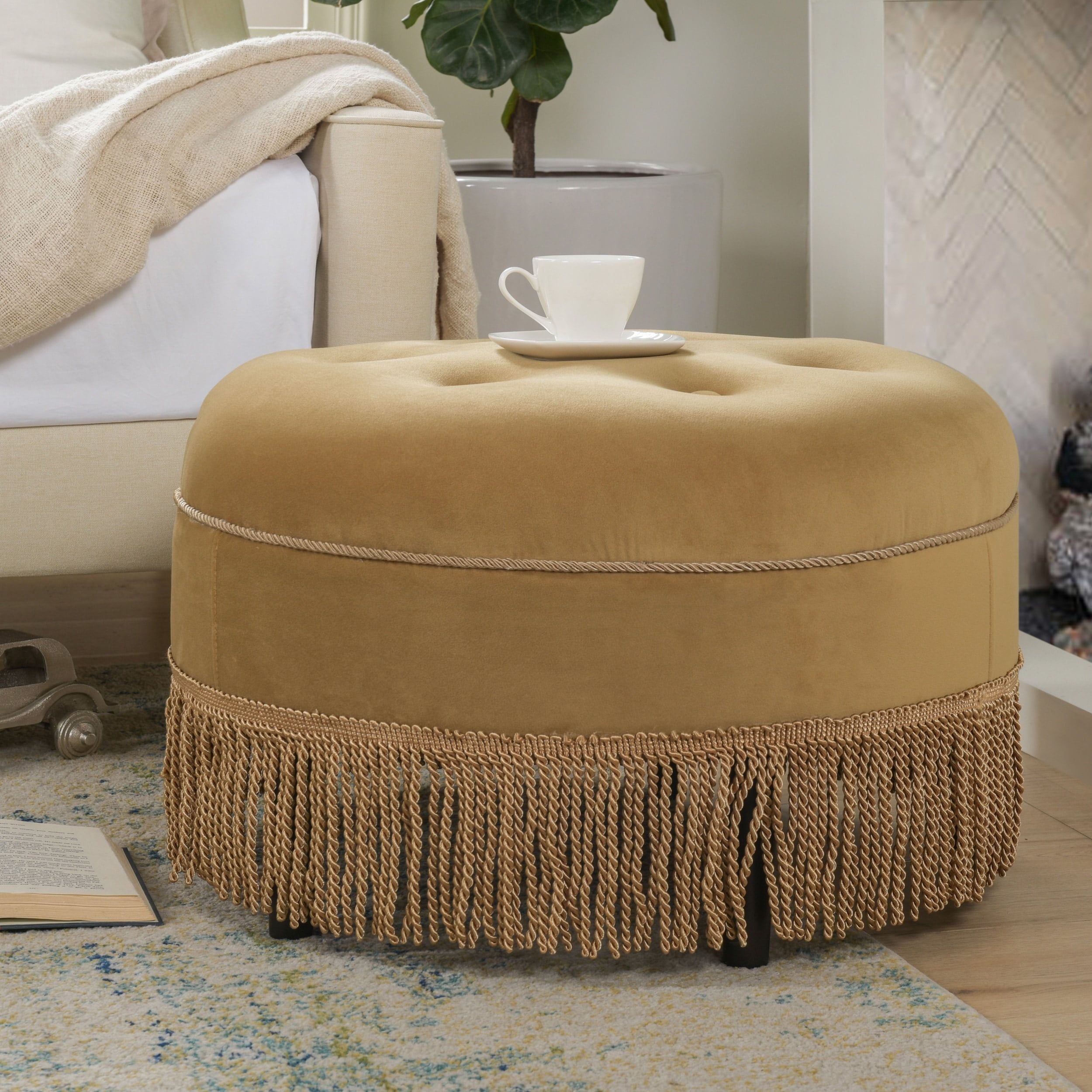 Gold Velvet Tufted Round Ottoman with Fringe Trim