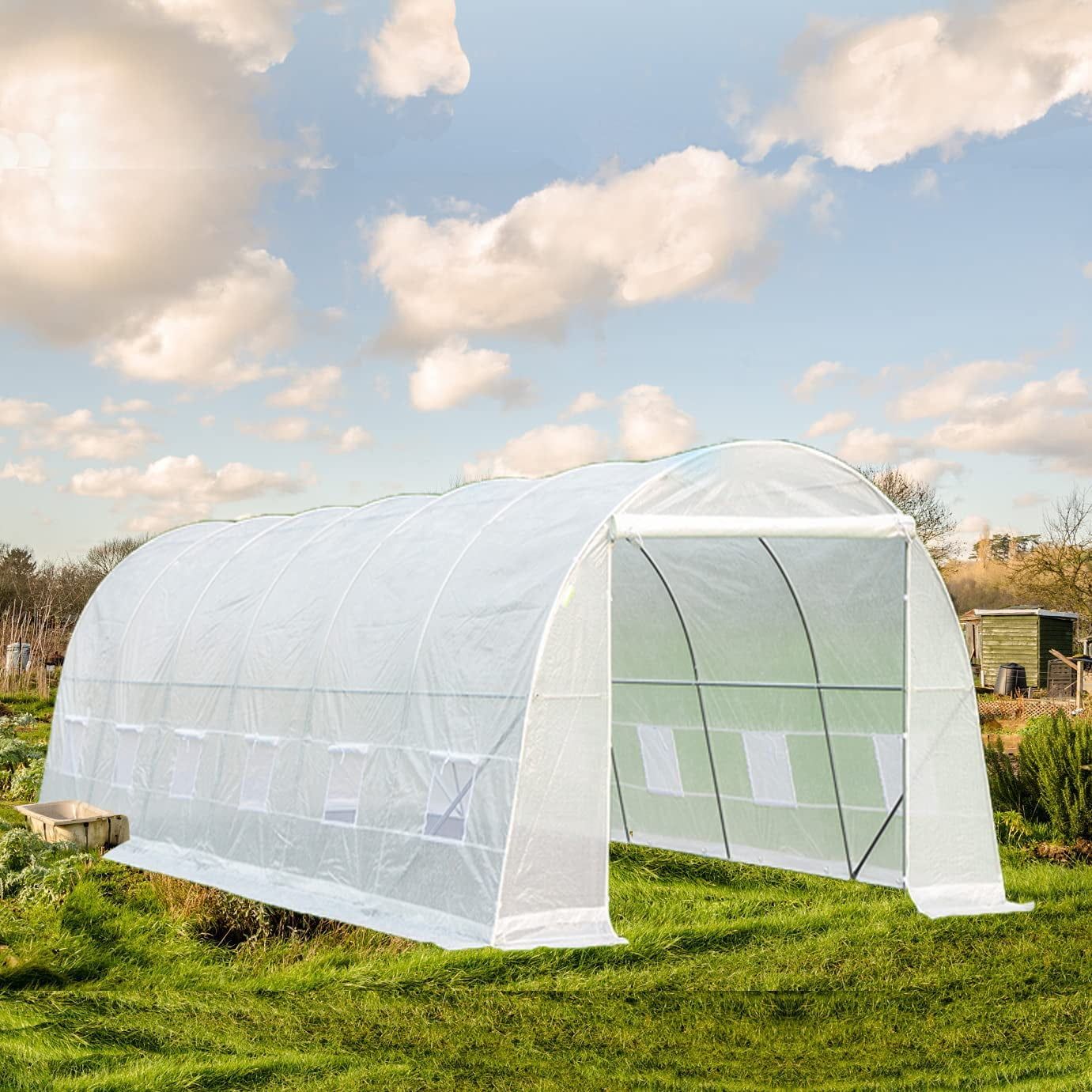 White 26' x 10' x 7' Walk-In Tunnel Greenhouse with Roll-Up Door