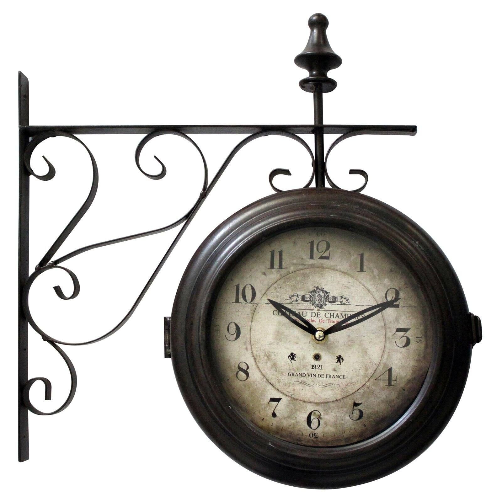 European Double-Sided Iron Wall Clock with Scroll Mount