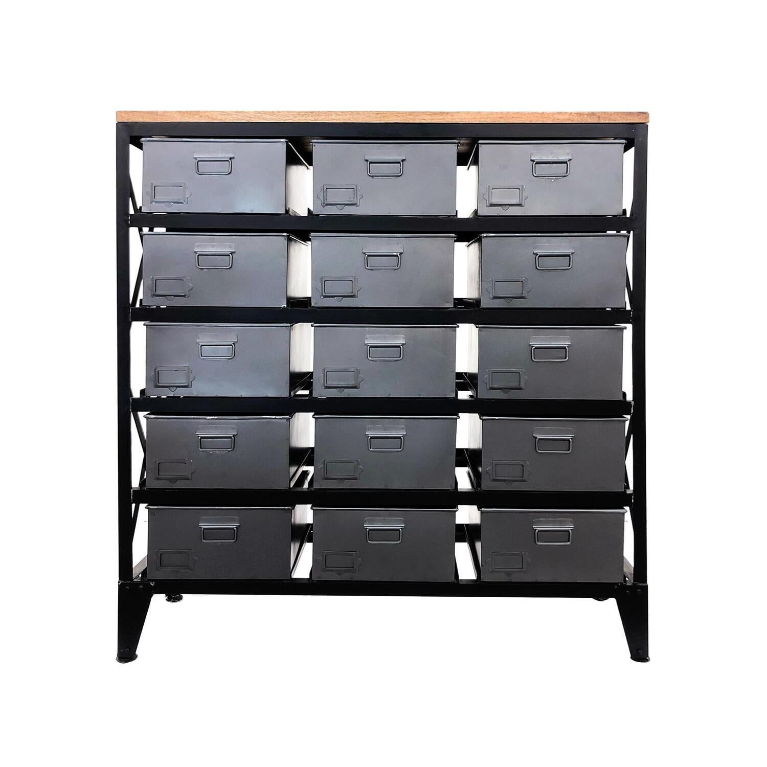 Gray Metal and Mango Wood Office Storage Cabinet with Bins