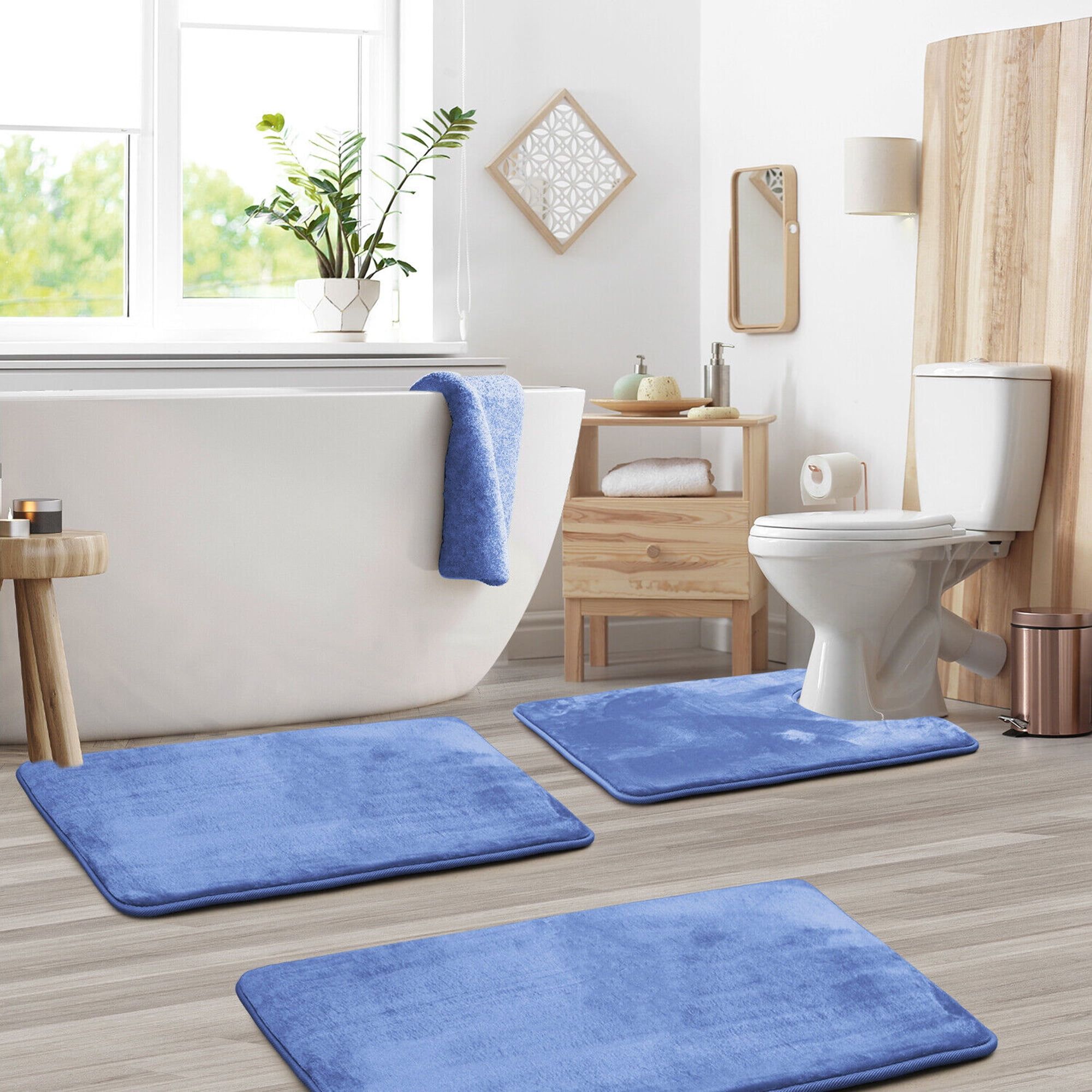 Calm Blue Velvet Memory Foam 3-Piece Bath Rug Set