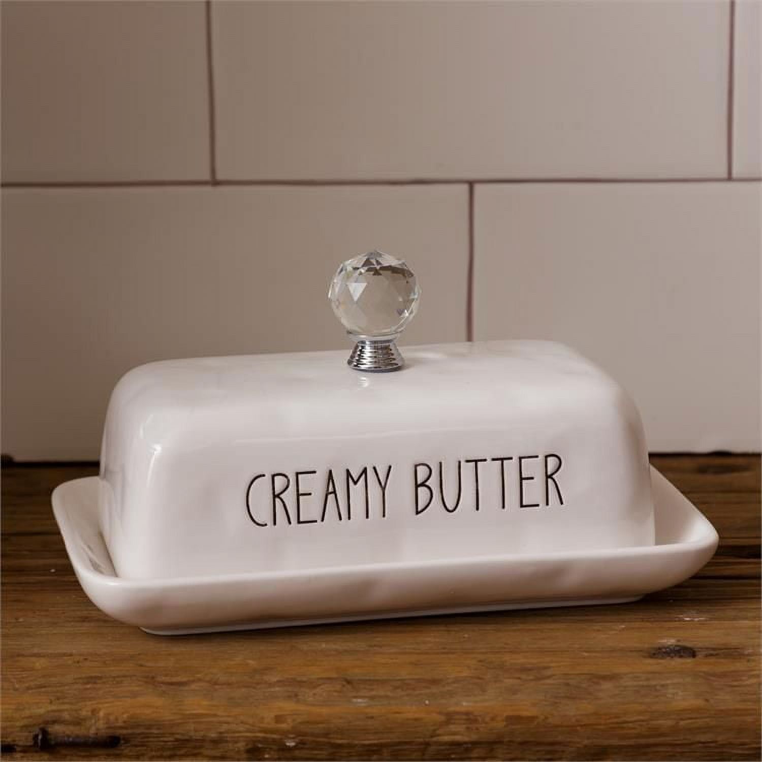 Creamy Butter White Ceramic Butter Dish with Crystal Knob