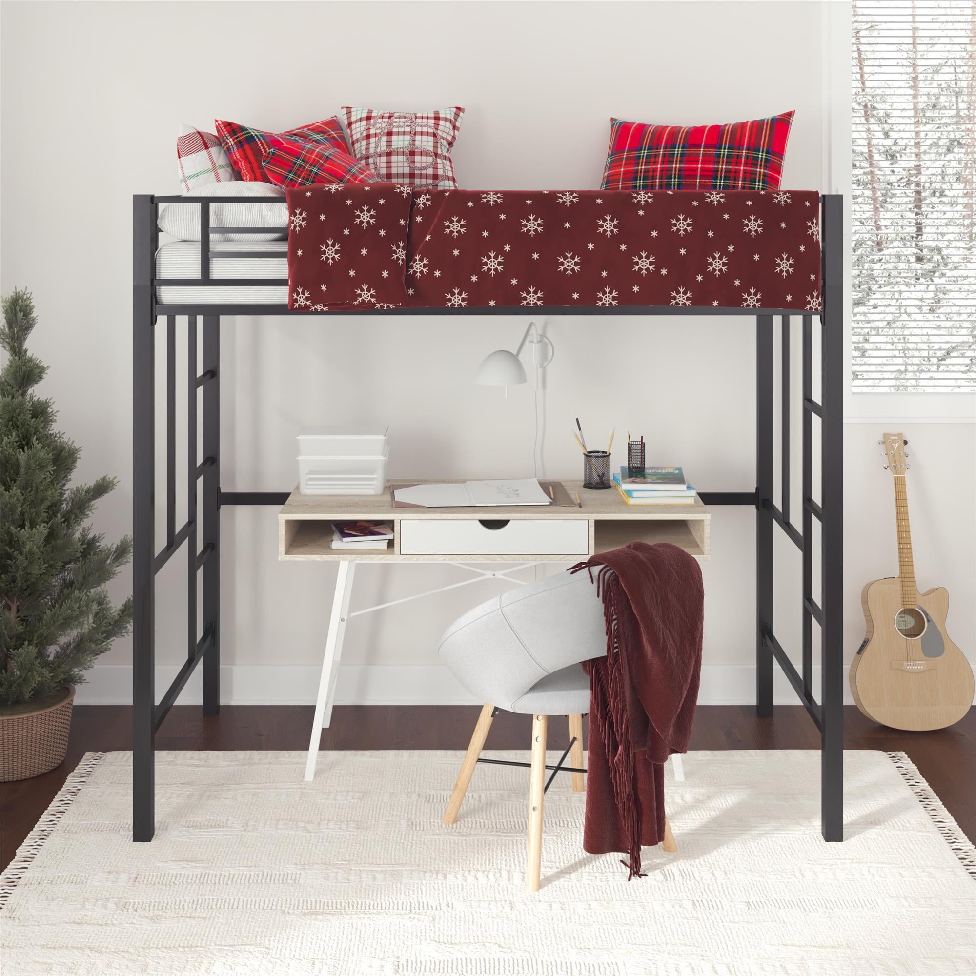 Black Twin Metal Loft Bed Frame with Integrated Ladders