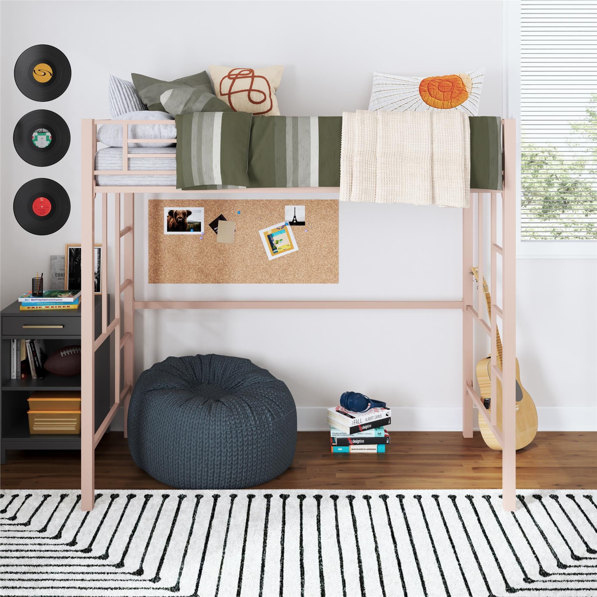 Pink Twin Metal Loft Bed with Guardrails and Ladders