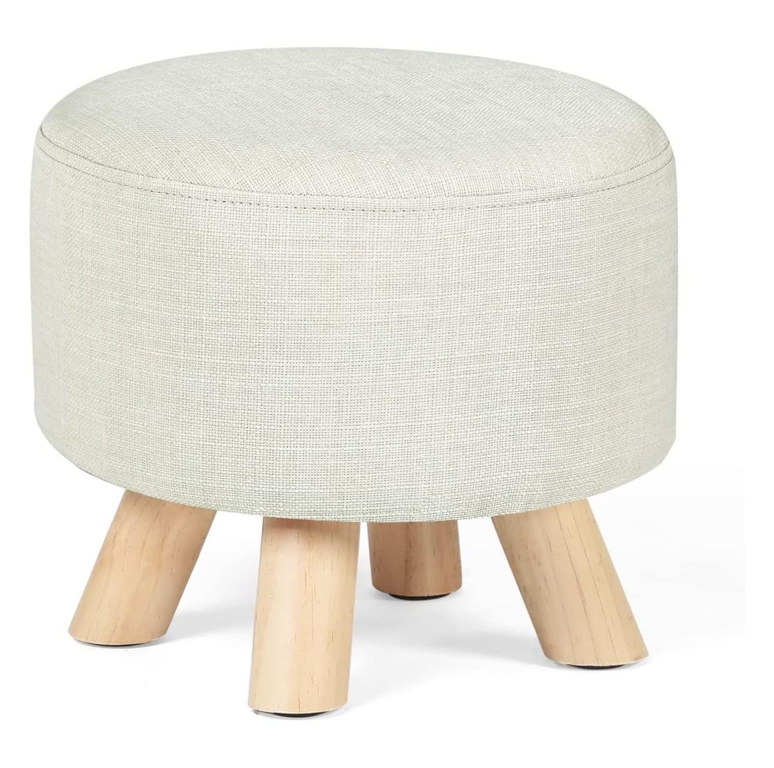 Beige Round Linen Ottoman with Wooden Legs