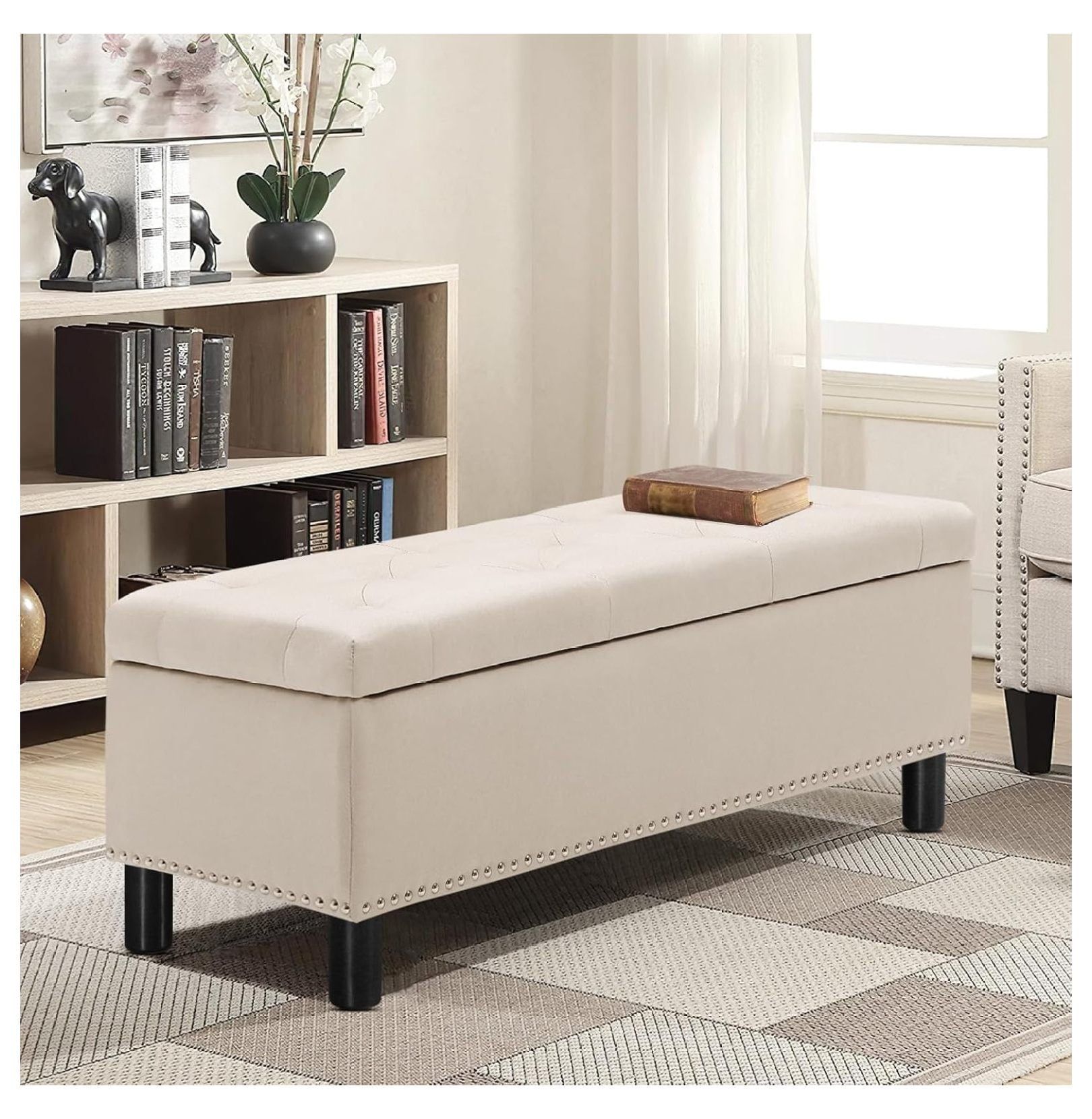 Beige Linen Rectangular Storage Ottoman with Wood Legs