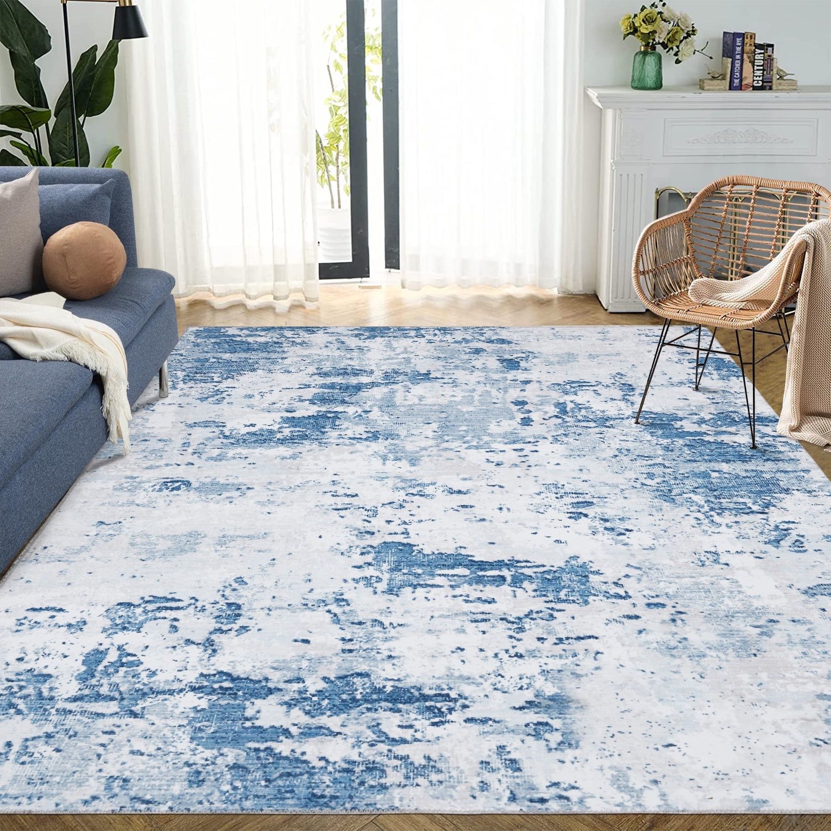 Gray and Blue Abstract Washable Wool Blend 5' x 7' Rug