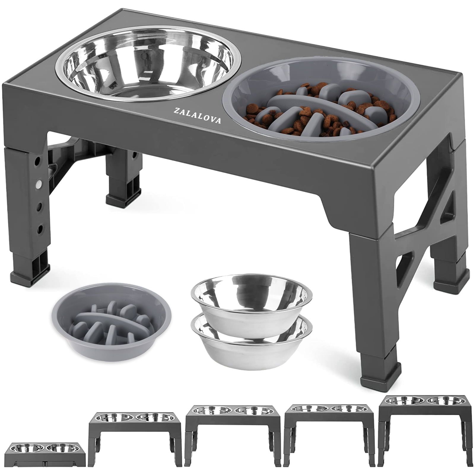 Gray Adjustable Elevated Dog Bowl Stand with Stainless Steel Bowls