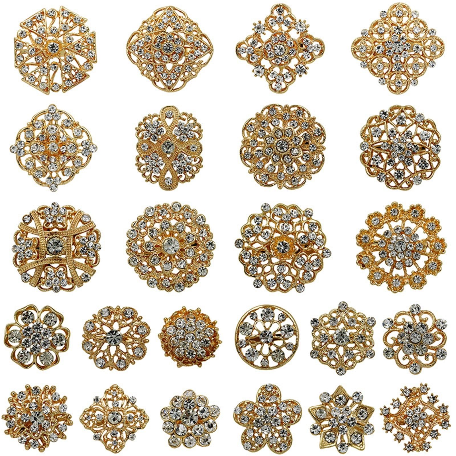 Golden Alloy Brooch Set with Rhinestones for Wedding Bouquets