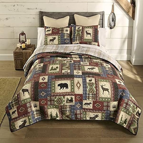 King Reversible Brown Microfiber Quilt Set with Wildlife Motifs