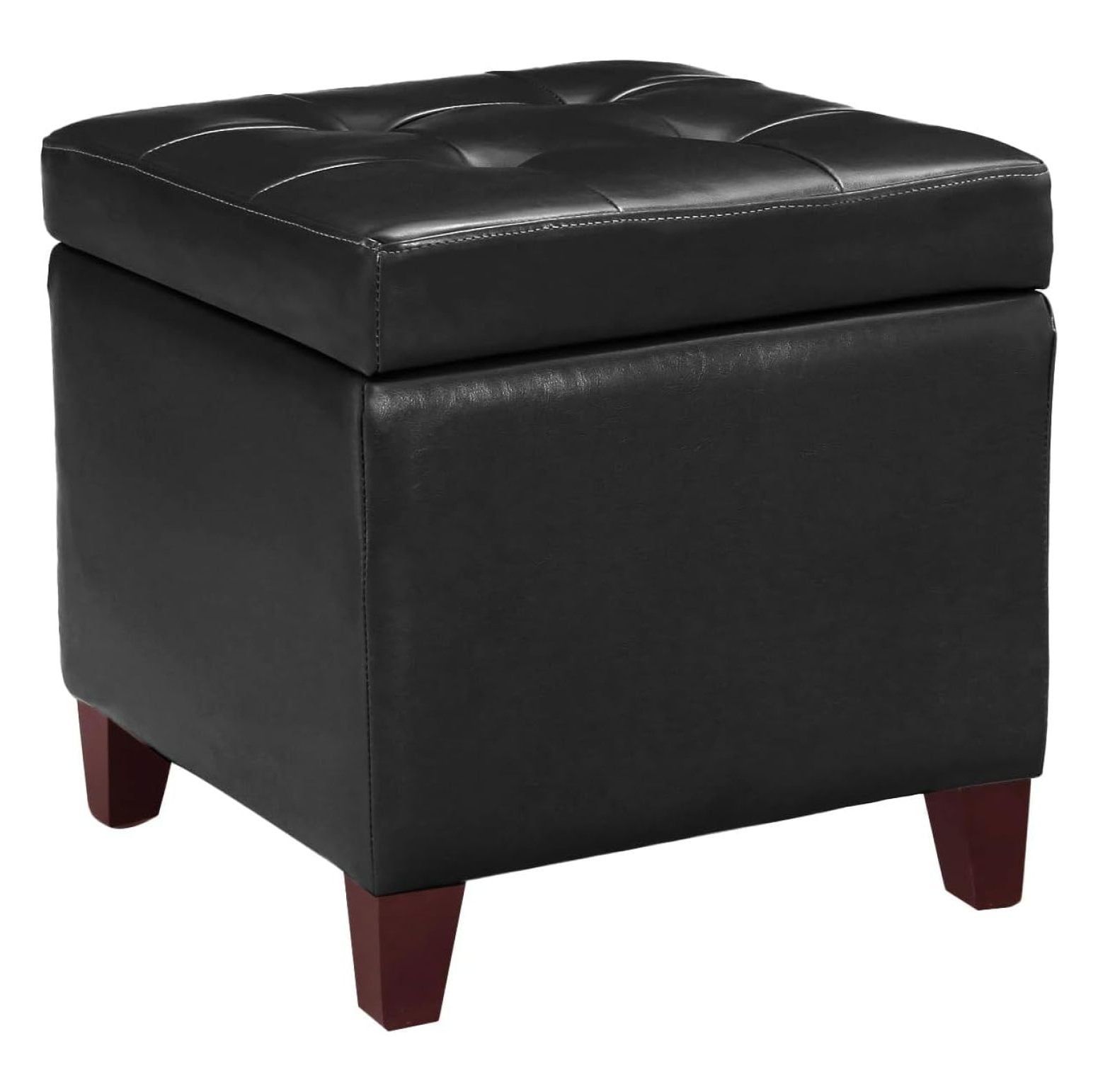 Black Tufted Faux Leather Square Storage Ottoman Footstool