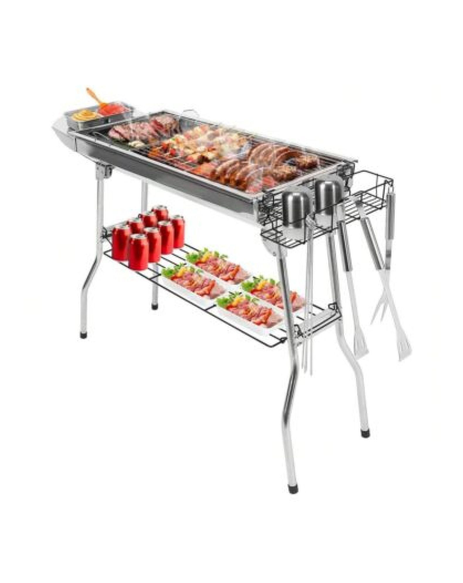 Foldable Stainless Steel Charcoal Grill with Storage Rack