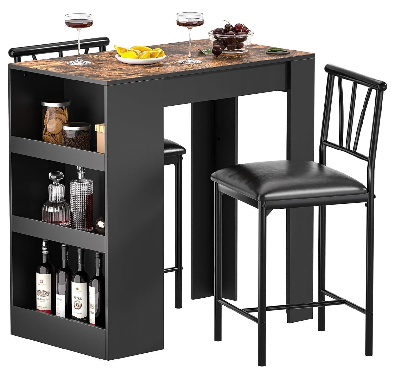 Retro Black and Wood Pub Table Set with Storage Shelves