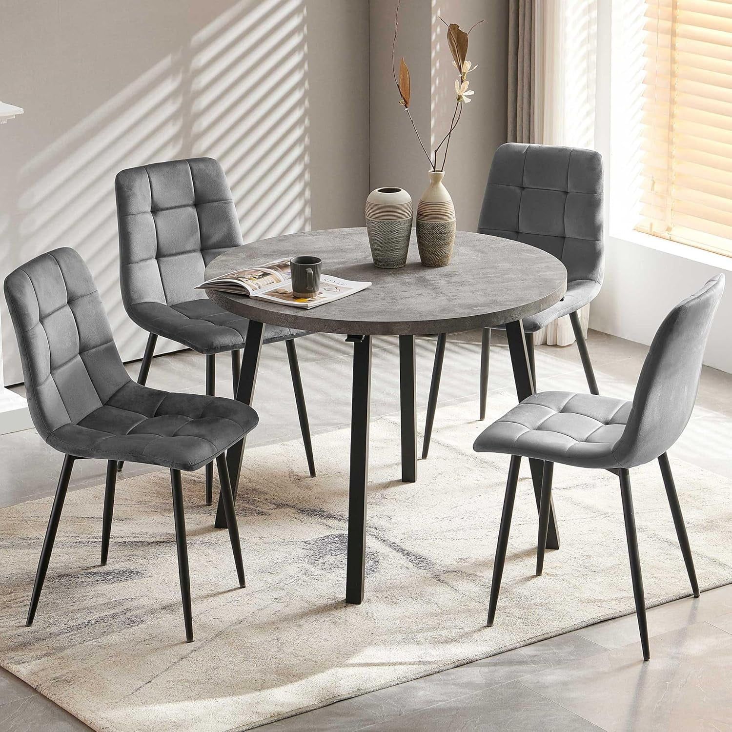 Gray Faux-Stone Round Dining Table Set with Upholstered Chairs