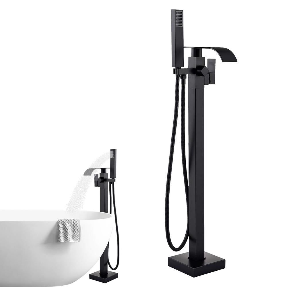 Matte Black Brass Floor Mounted Tub Faucet with Hand Shower