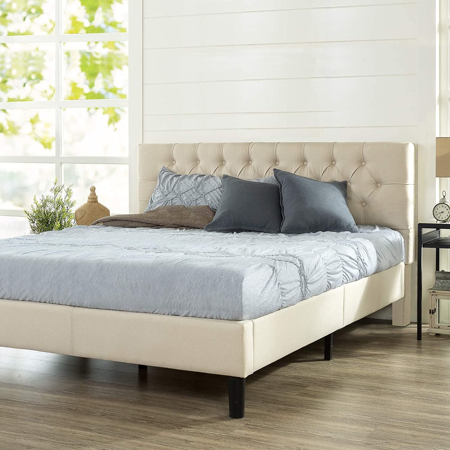 Taupe King Upholstered Platform Bed with Tufted Headboard