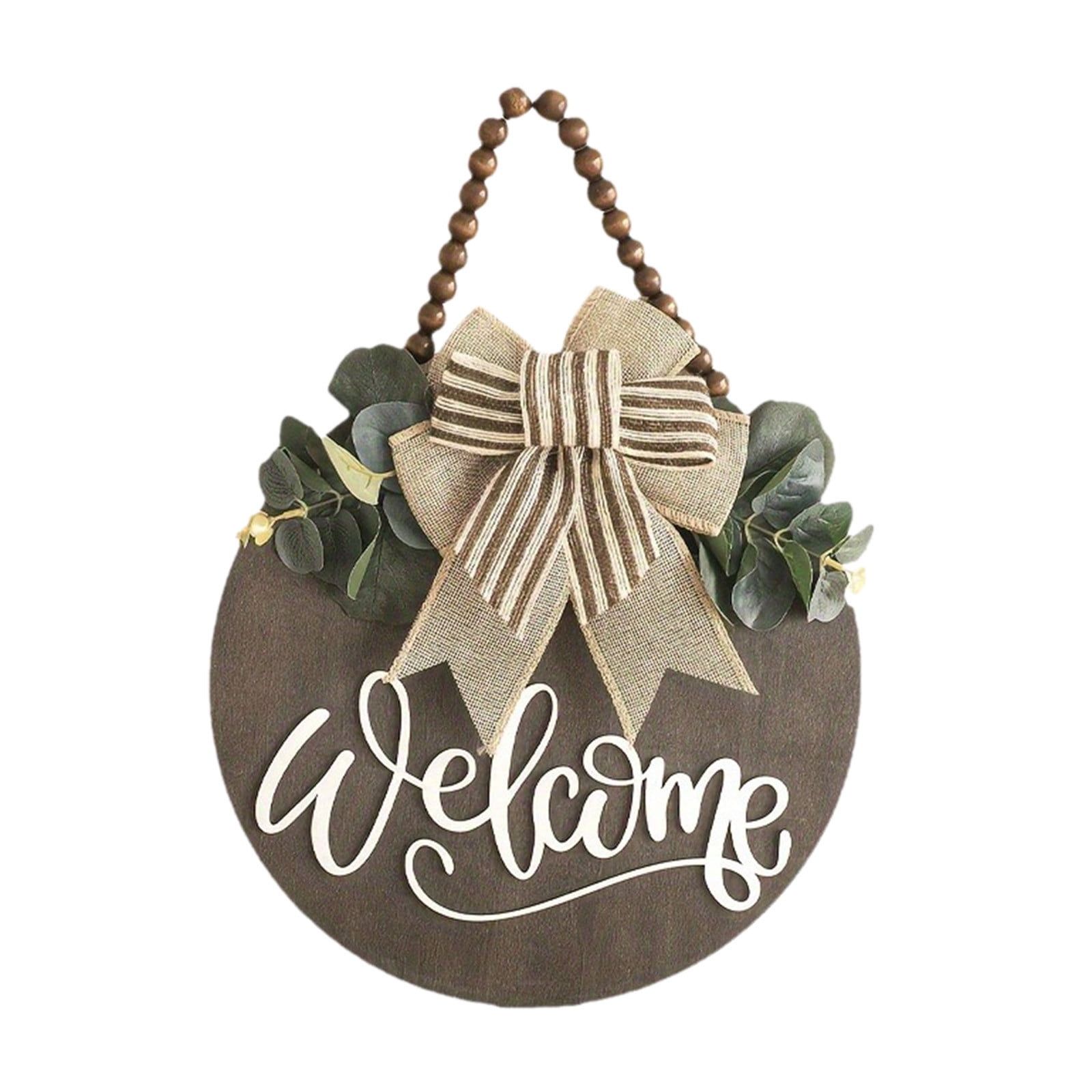 Khaki Round Wooden Welcome Sign with Bow and Greenery