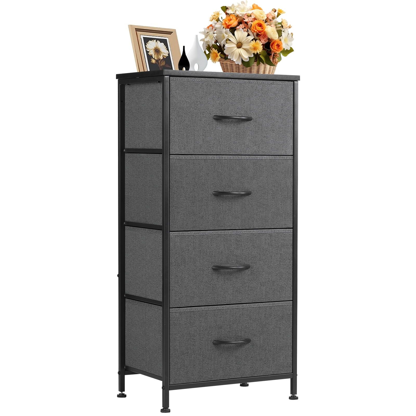 Gray Tall Fabric 4-Drawer Nursery Dresser with Wooden Top and Metal Frame